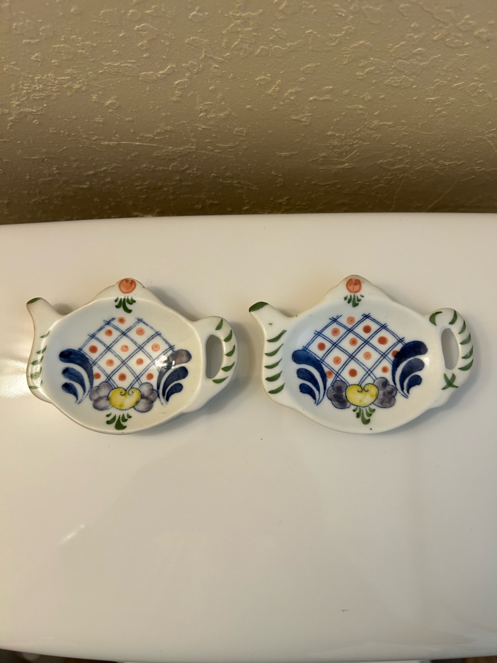 2 Hand-Painted Floral Teapot Teabag or Spoon Rests - Blue, Yellow, Green